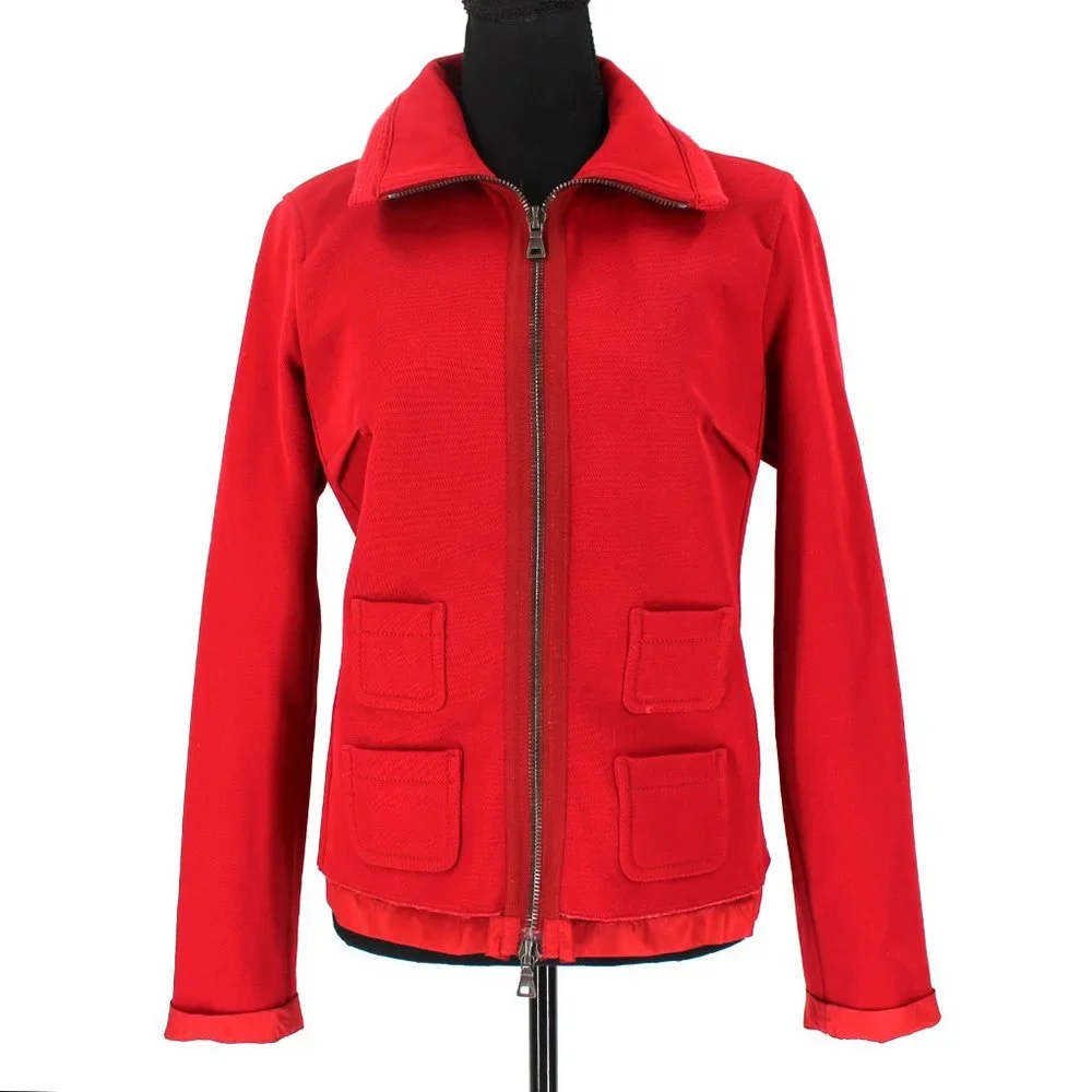 PRADA Sport Red Jacket Zip Up Collared Fleece Lined Nylon Trim Large Wool Top L - Picture 1 of 8